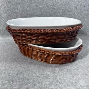 White Pair Ceramic Plate Dish with‎ Wicker Ovenware Single Serve 8”x5”